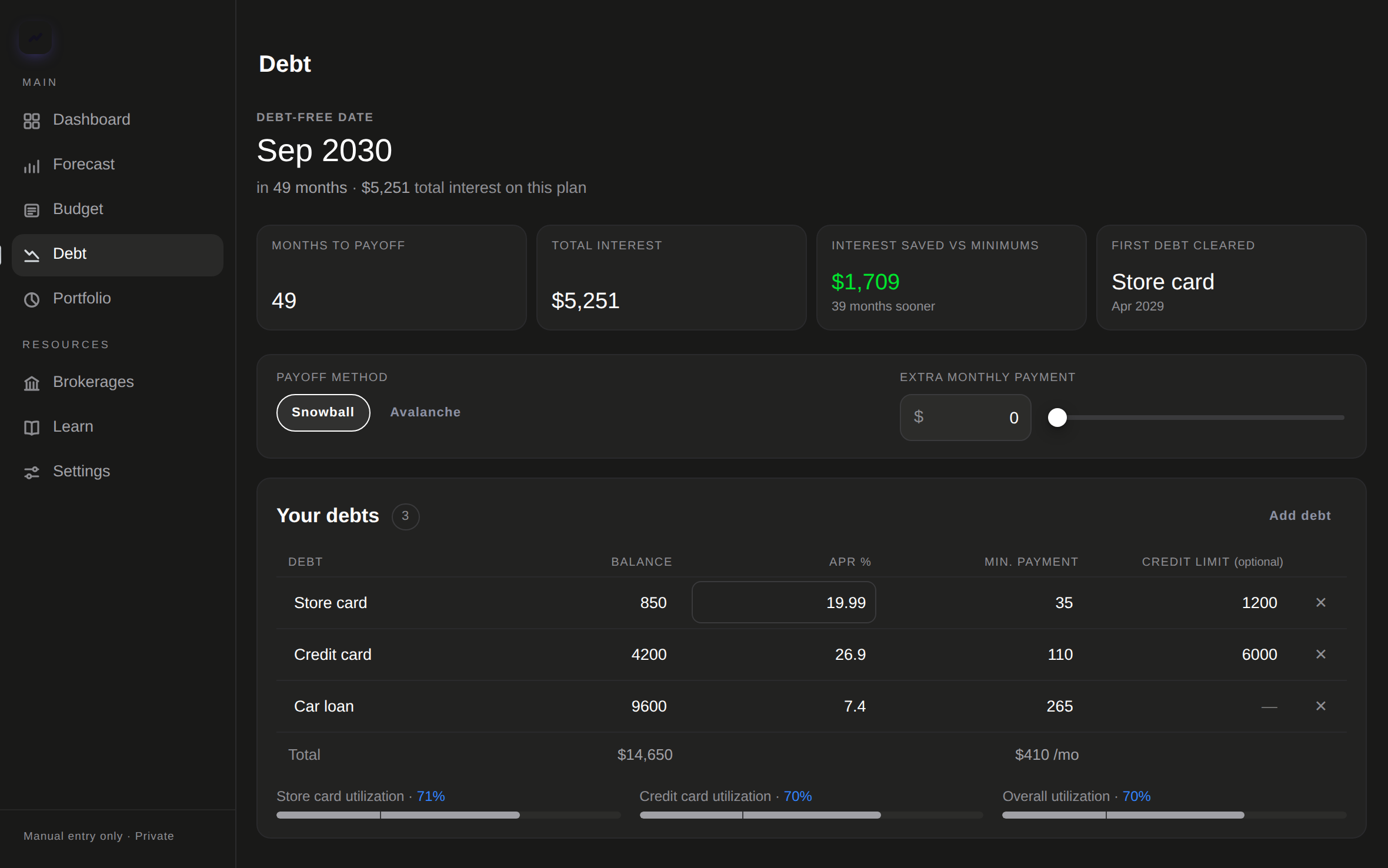 The debt tool on a laptop: months to payoff, total interest and the payoff method.
