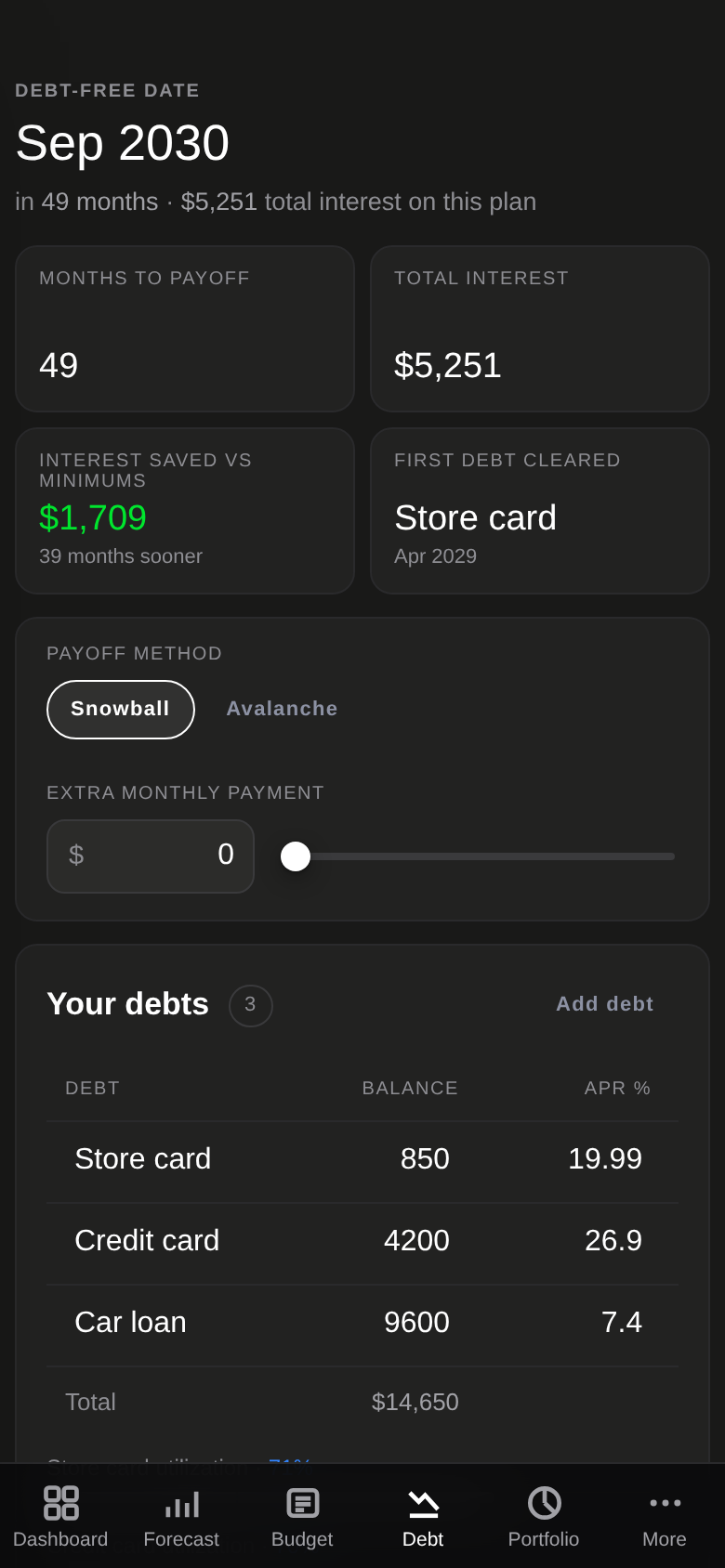 The same payoff plan on a phone.