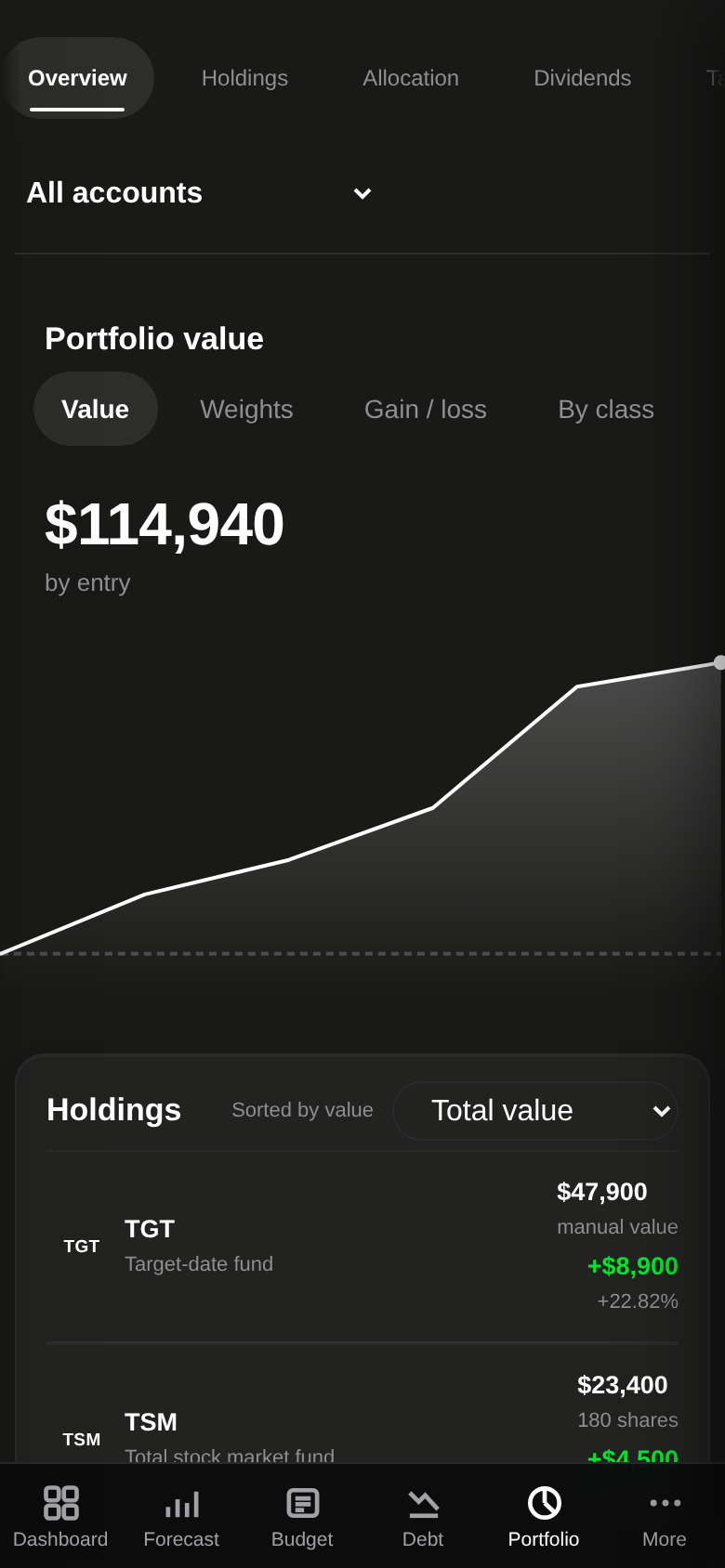 Portfolio on a phone: total value, range pills and holdings.