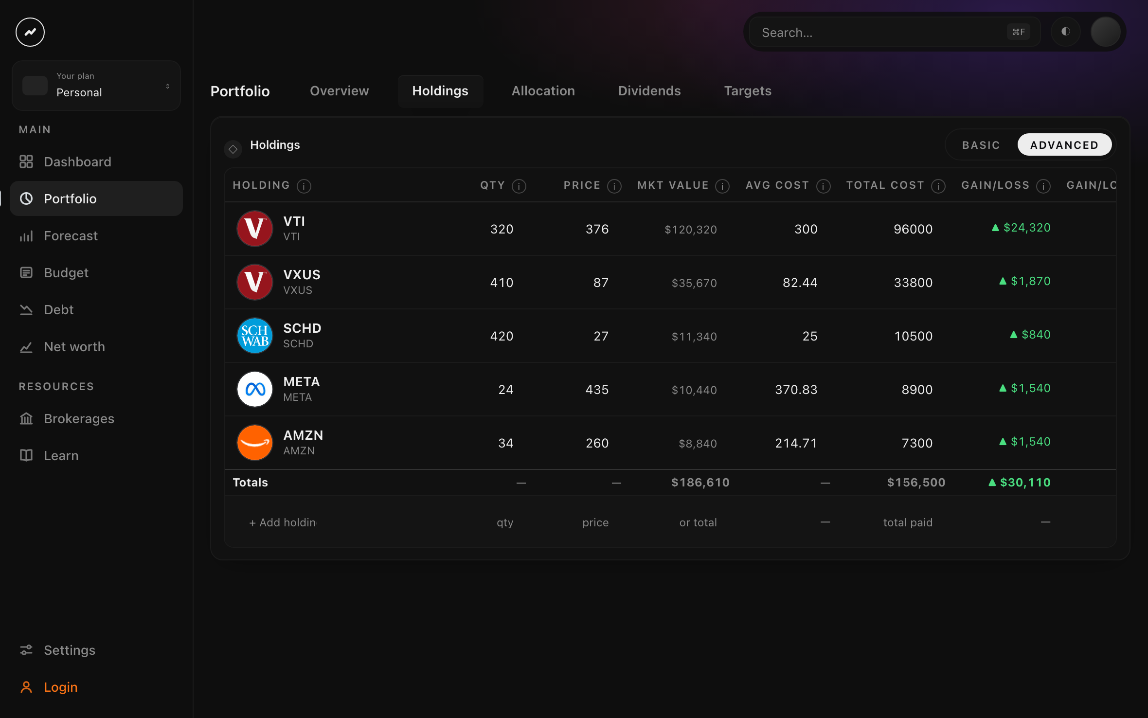 The holdings table on a laptop: company marks, quantities, gains and targets.